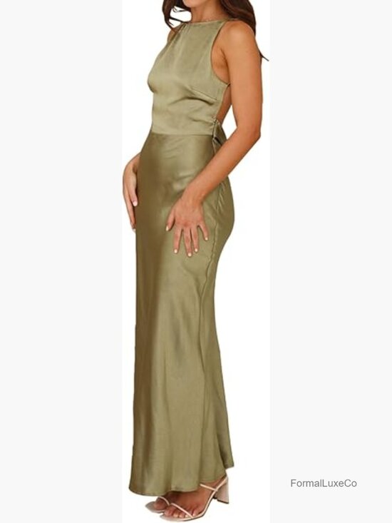 Dresses & Skirts - Elegant Satin Formal Maxi Dress Sleeveless Open Back Spaghetti Strap Wedding